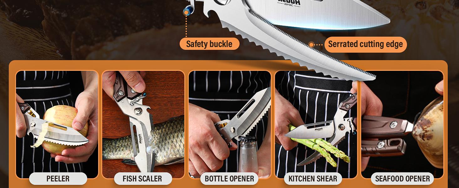 【February Faves】Huusk-7in1 Versatile Kitchen&Outdoor Stainless Scissors – Heavy Duty Poultry &Meat Shears for Chicken, Turkey, Fish & BBQ  Serrated Blade, Peeler, Bottle&case Opener, Detachable  Design, Safety Lock ,Holiday Gift Idea