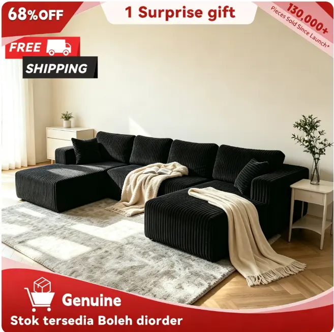 [2-3Packages] Niccae 132-Inch U-Shaped Memory Foam Sectional Sofa — An oversized modular design offering "cloud-like" comfort; features deep seating and compressed corduroy fabric, combining space-saving capabilities with a convertible sleeper function.