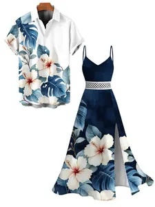 DRESSLILY 2026 Two-tone Vacation Couple Outfit Women's Hibiscus Floral Leaf Print Slit Lace Hollow Out Long Dress and Men's Button Up Shirt Matching Set