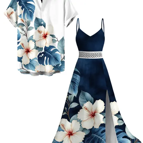 DRESSLILY 2026 Two-tone Vacation Couple Outfit Women's Hibiscus Floral Leaf Print Slit Lace Hollow Out Long Dress and Men's Button Up Shirt Matching Set