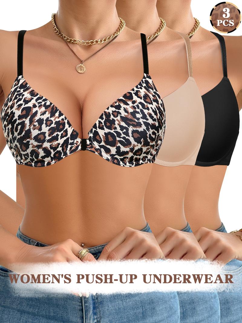 Mimilemon 3PCS Front Clasp Push-up Bra Set - Black Beige & Leopard Print Comfortable Stylish Everyday Wear for Women Bridal Lingerie pushup  bea