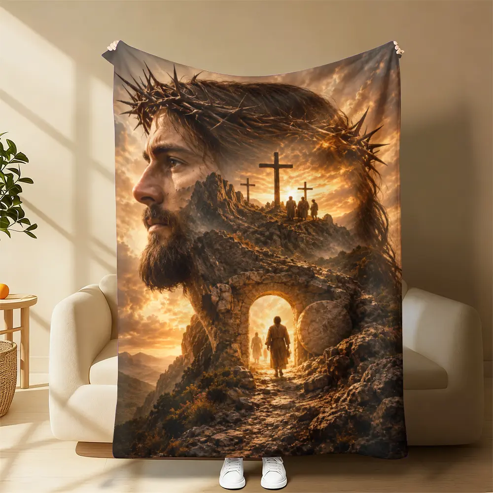 Soft Cozy Flannel Throw Blanket - Jesus Crown of Thorns, Cross, Empty Tomb Religious Christian Plush Warm Lap Blanket, Faith Spiritual Sunset Mountain Home Decor, Perfect Easter Gift For Believers, Throw Blankets