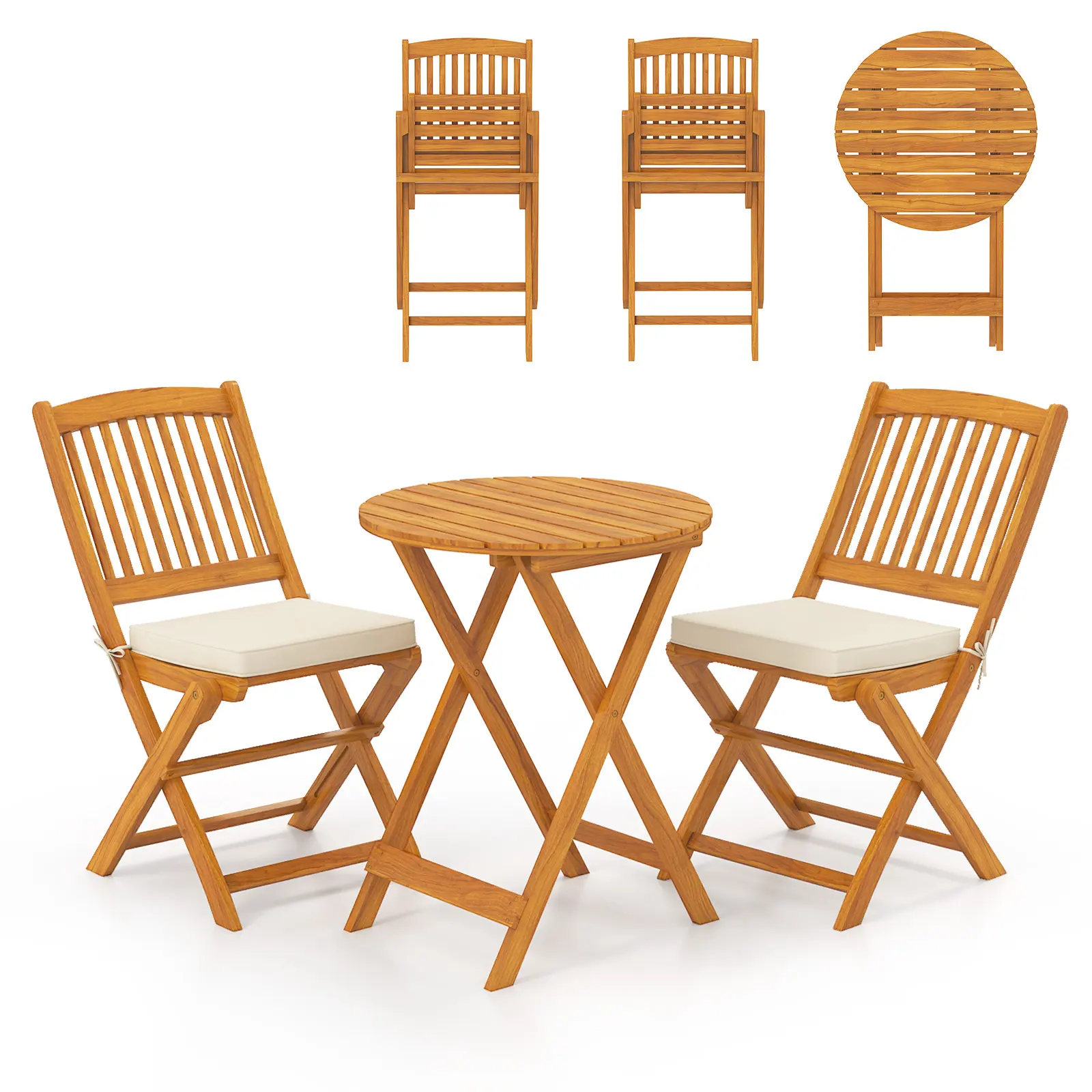 Costway 3-Piece Acacia Wood Folding Bistro Set with Cushions, Outdoor Patio Table and Chair Set for Balcony, Porch, Garden, Deck, Backyard