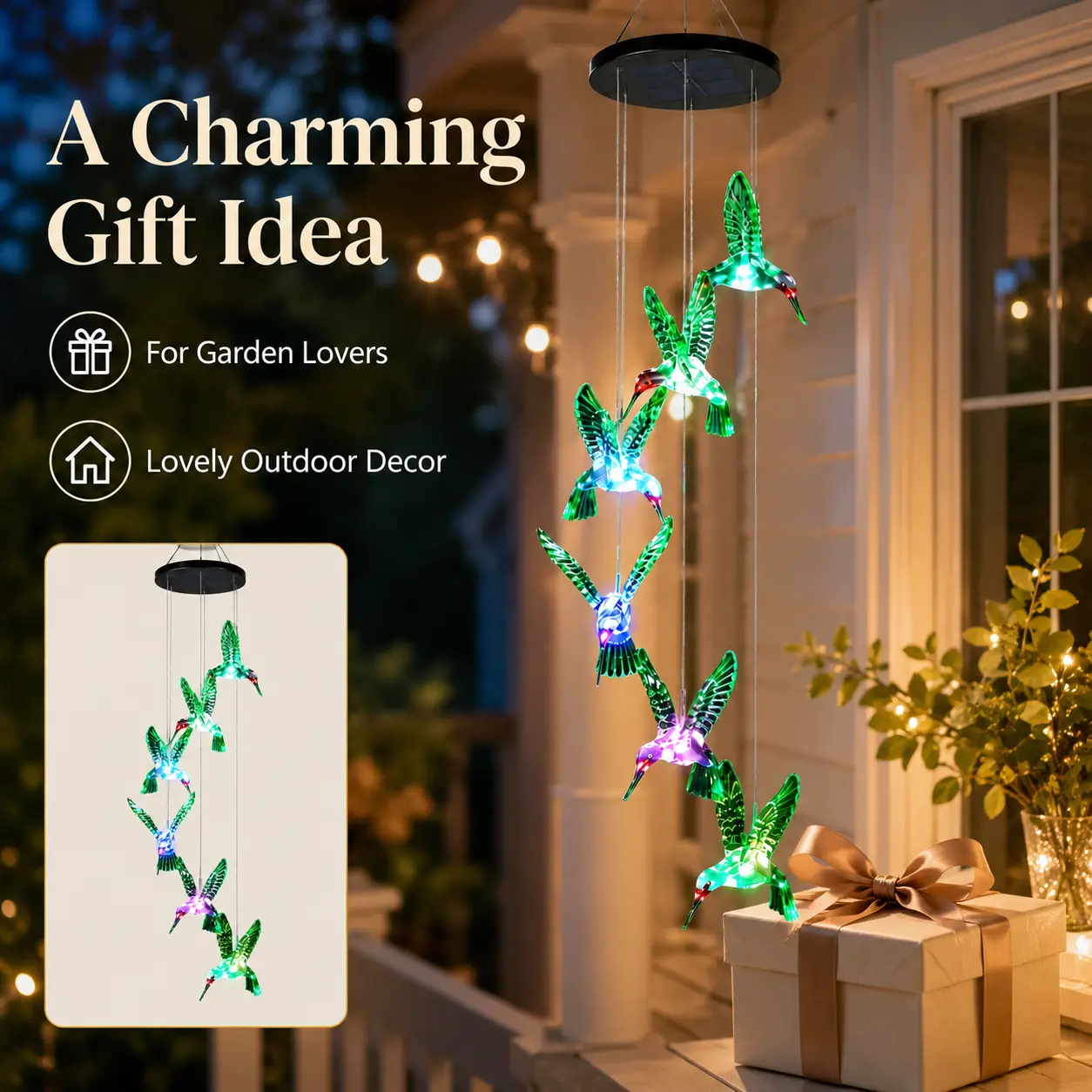 Outdoor   Lighting Wind Chimes, IP44 Waterproof Color Changing Hummingbird & Butterfly  Decorative Lights,  Powered Twinkle Hanging Lights, Perfect Decoration for Garden, Balcony, Patio, Window, Party & Backyard Home Decor