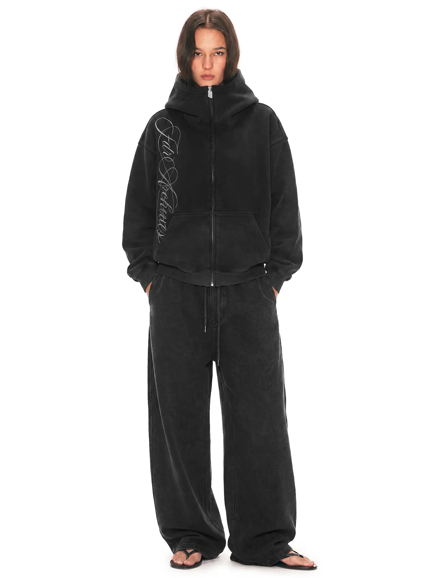 FDR Embroidered Script Letter Washed Zip-Up Hoodie, Women's High-Collar Big Hood Sweatshirt Eases Social Anxiety , Flattering Fit & Exclusive Y2K Streetwear Style for Casual Everyday Wear