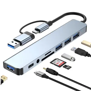 USB-C 8-Port Hub Expander with 4 USB 3.0 Ports 1 USB-C Jack TF/SD Card Reader 3.5mm Audio Output for iPhone 15 16 17 iPad Pro Laptop Galaxy Phones High-Speed Data Transfer