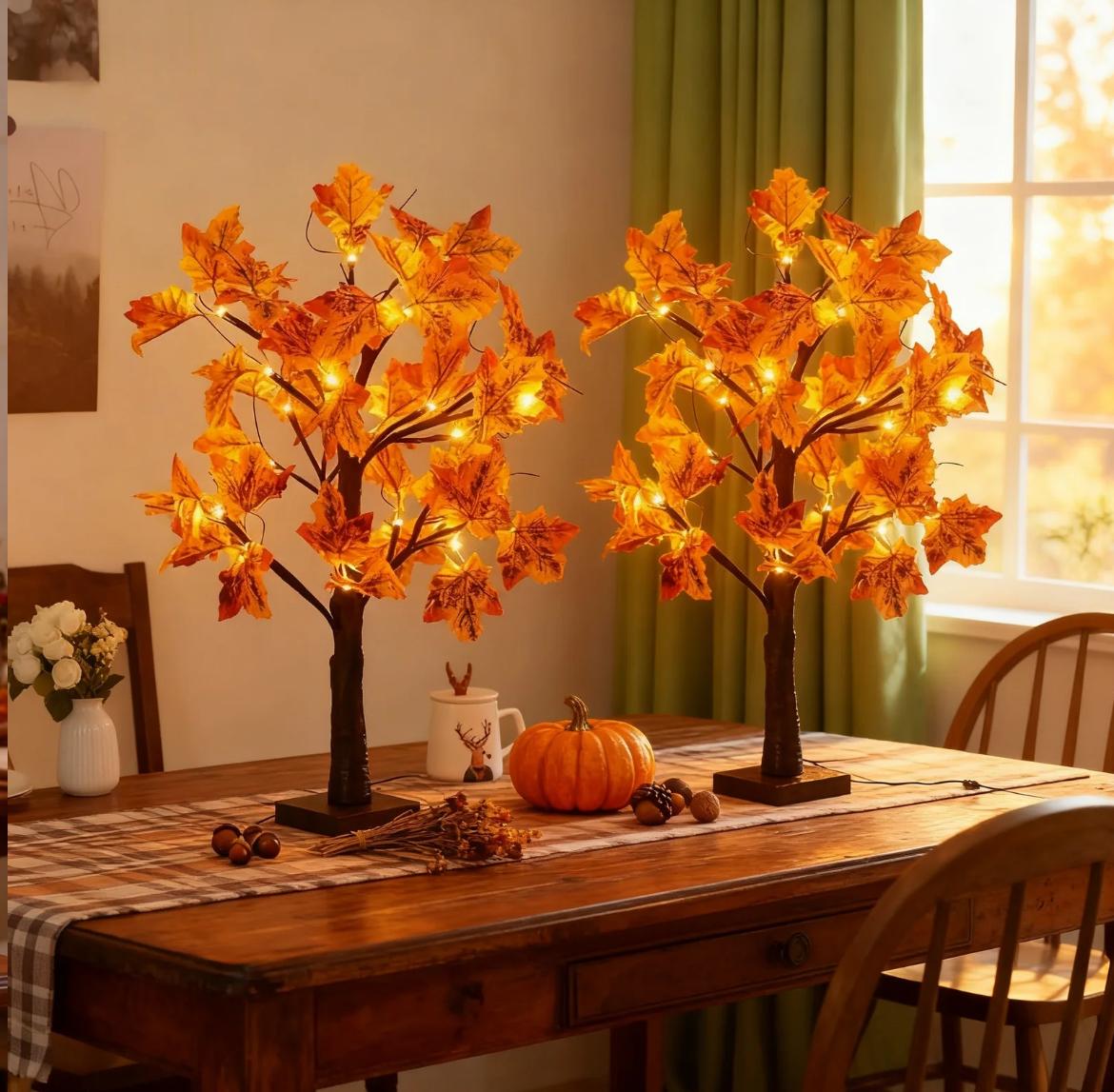 2-Piece LED Tree Lights with Maple Leaves for Christmas Halloween & Thanksgiving Home Decor Night Lights Battery-Powered USB Control Art Deco Style Floral Design