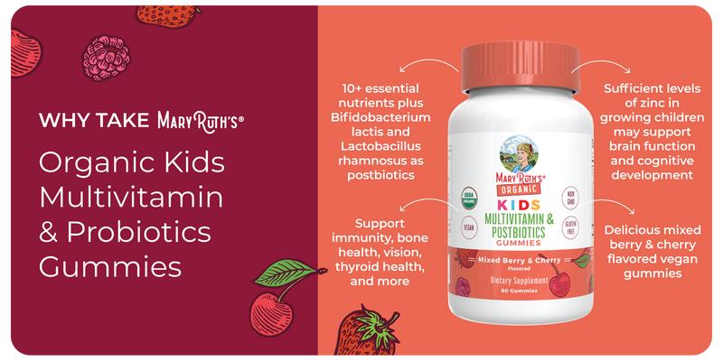 MaryRuth's USDA Organic Kids Multivitamin & Postbiotics Gummies - Multivitamin for Kids with Lactobacillus Rhamnosus - Vegan - Non-GMO - 60 Count
