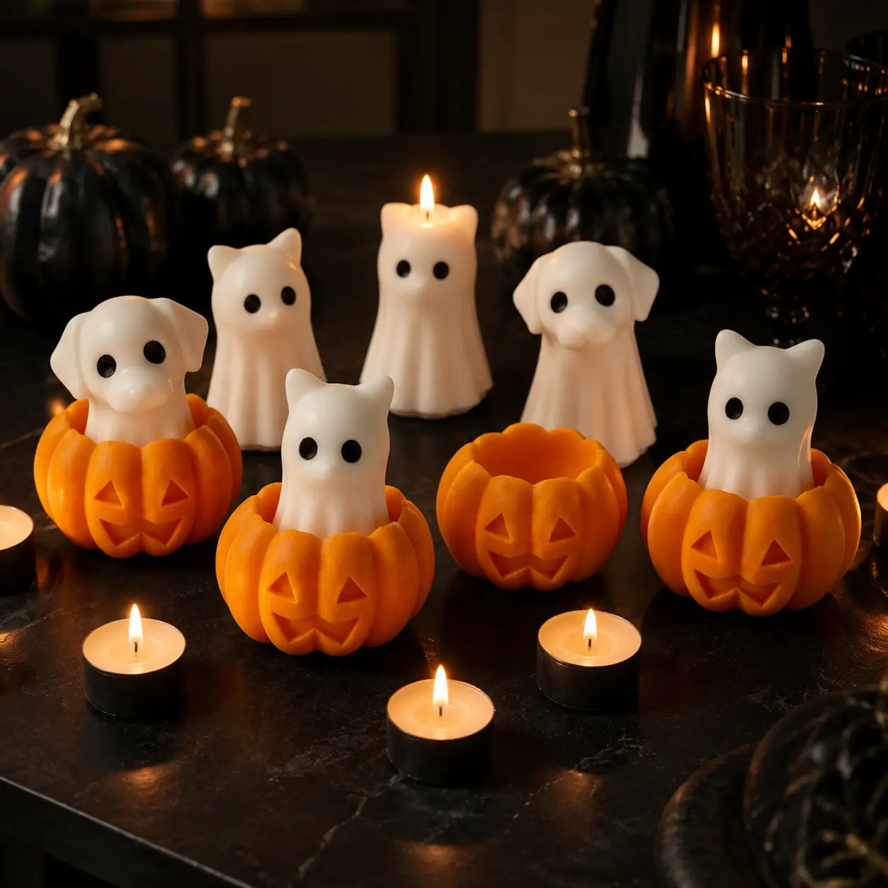 【10PCS】Halloween Ghost Pet Candle, Cute Cat & Dog Pumpkin Candle, Unique Sculptural Jack-O’-Lantern Decor, Spooky Season Gift for Pet Lovers
