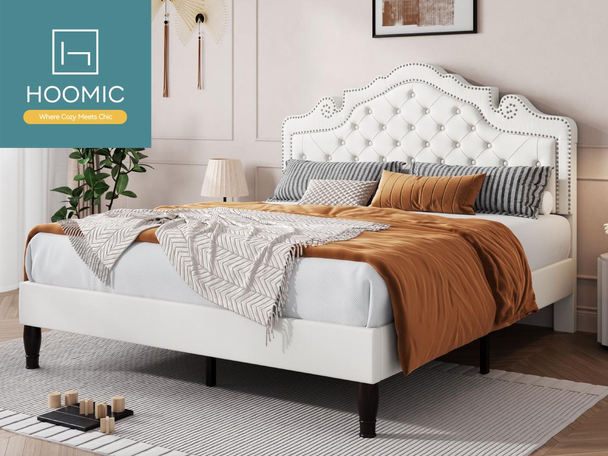 HOOMIC Adjustable Velvet Upholstered Platform Bed Frame【Frame Only No Mattress】Diamond Button Tufted Tiara Headboard with Wood Slat Support,No Box Spring Needed,Full/Queen/King