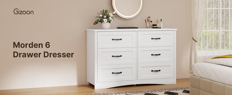 Gizoon 6 Drawer Dresser,Dresser for Bedroom with Mental Handle, White Dresser for Cloakroom, Hallway, Entryway Cupboard Apartment Furniture Organize Organizing