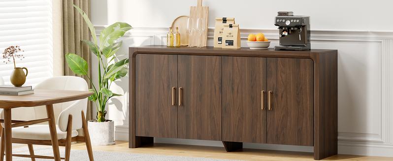 【Valentine's Day gift】ONBRILL 63" Buffet Cabinet with 4 Doors and Adjustable Shelves, Sideboard Buffet Cabinet with Storage, Wood Kitchen Console Table, Modern Coffee Bar for Kitchen, Living Room, Hallway