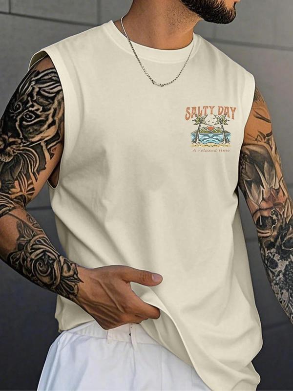 Men's Regular Fit Palm Tree & Mountain Print Tank Top, Casual Street Sleeveless Top for Daily Wear, Men's Clothes for All Seasons, Sleeveless Tank Tops, Socks