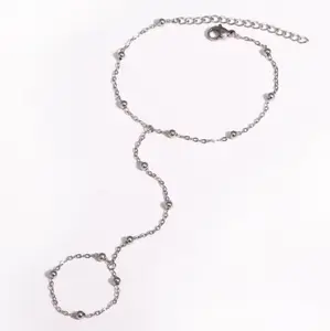18K Stainless Steel Round Beaded Chain Connected Ring Bracelet - 8" (Silver, Gold)