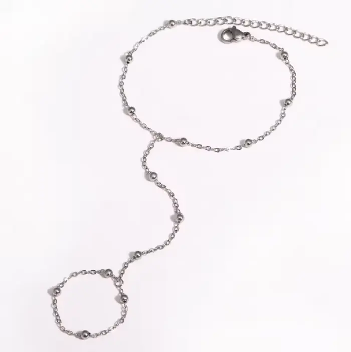 18K Stainless Steel Round Beaded Chain Connected Ring Bracelet - 8" (Silver, Gold) 18K Stainless Steel Round Beaded Chain Connected Ring Bracelet - 8" (Silver, Gold)