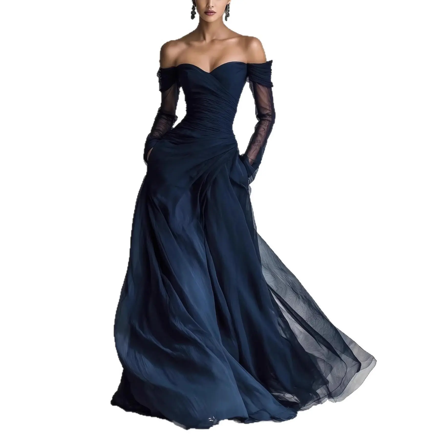 Women's Patchwork Strapless V-Neck Maxi Dress - Elegant Woven Bodycon Gown with Sheer Mesh Lantern Sleeves, High Slit for Prom, Formal Party Wear, Going Out, Party Fit