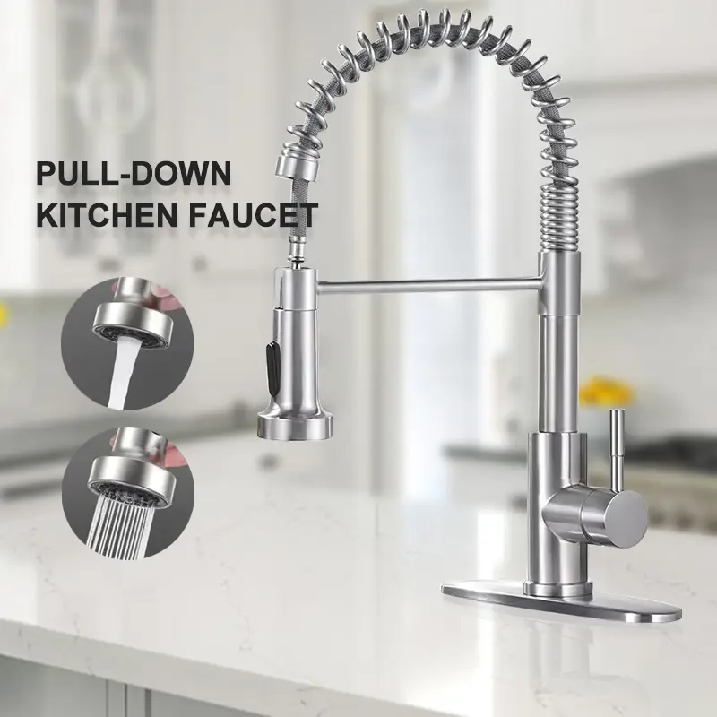 Kitchen Faucet with Pull Down Sprayer, Spring Single Handle Kitchen Sink Faucets Modern Black Pull-Out Spring Stainless Steel Kitchen Faucets for Camper Farmhouse RV Bar Kitchen Sinks