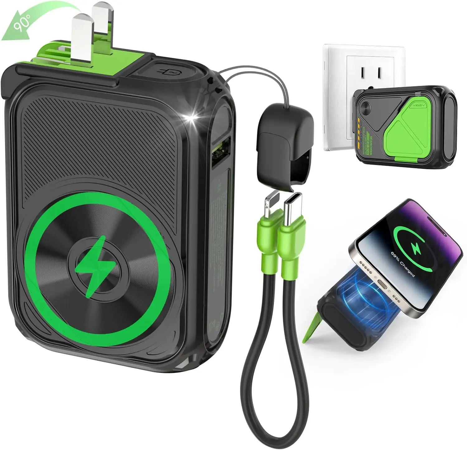 SEANCHEER P05 10000mAh Portable Magnetic Wireless Charger with Lanyard, Built-in Cable, Foldable Wall Plug, Fast Charging Battery Pack, Mobile Phone Accessories, Cool Gadgets for iPhone, Samsung, Android,back to school,back to school haul