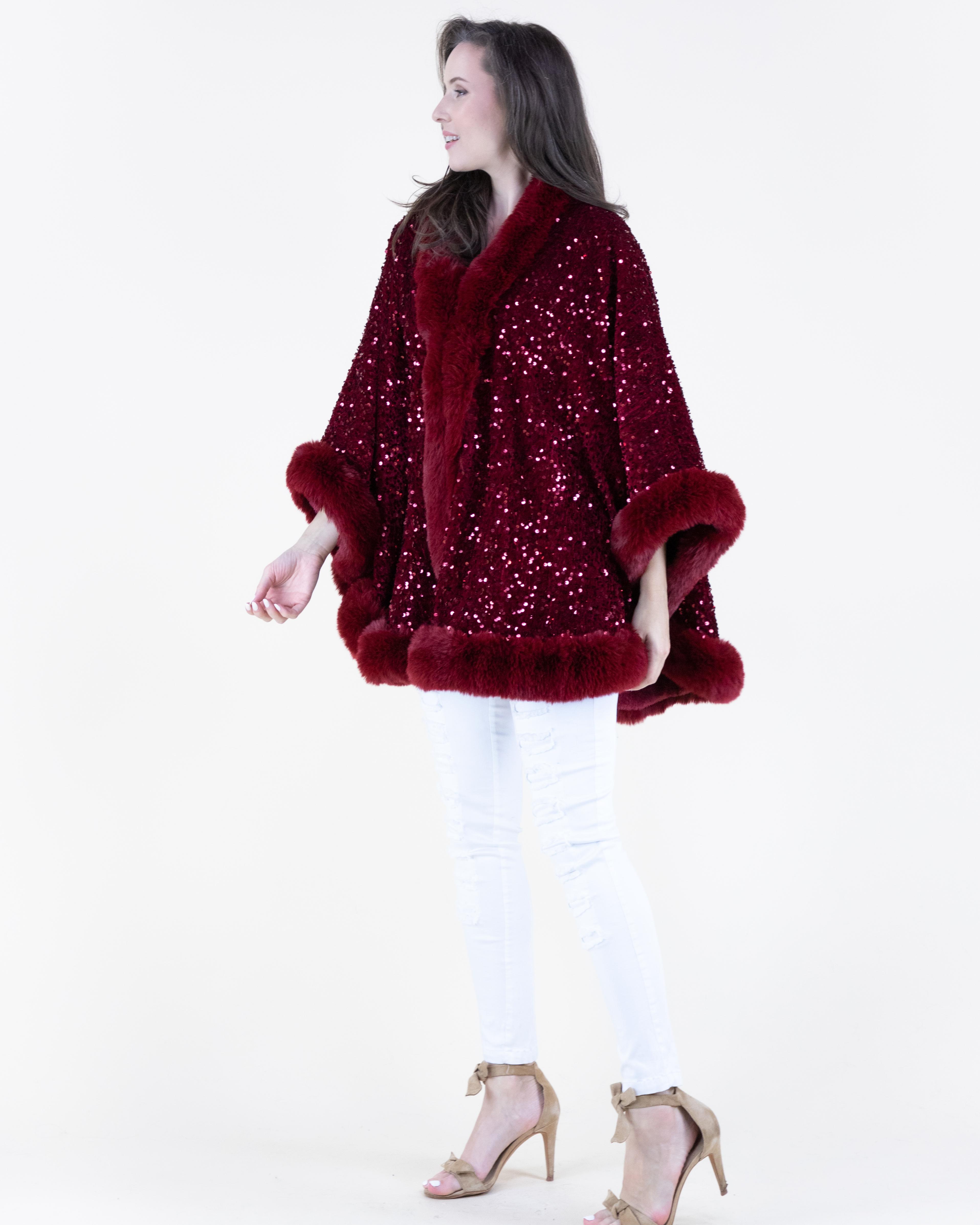 Women's Luxurious Sequin Faux Fur Trimmed Evening Cape Poncho - Elegant Outerwear for Special Occasions