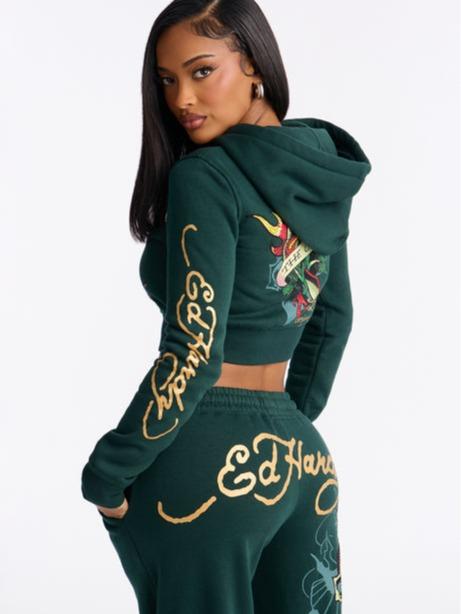 Ed Hardy Rhinestone Heart Fleece Zip Up Hoodie - Hunter Green