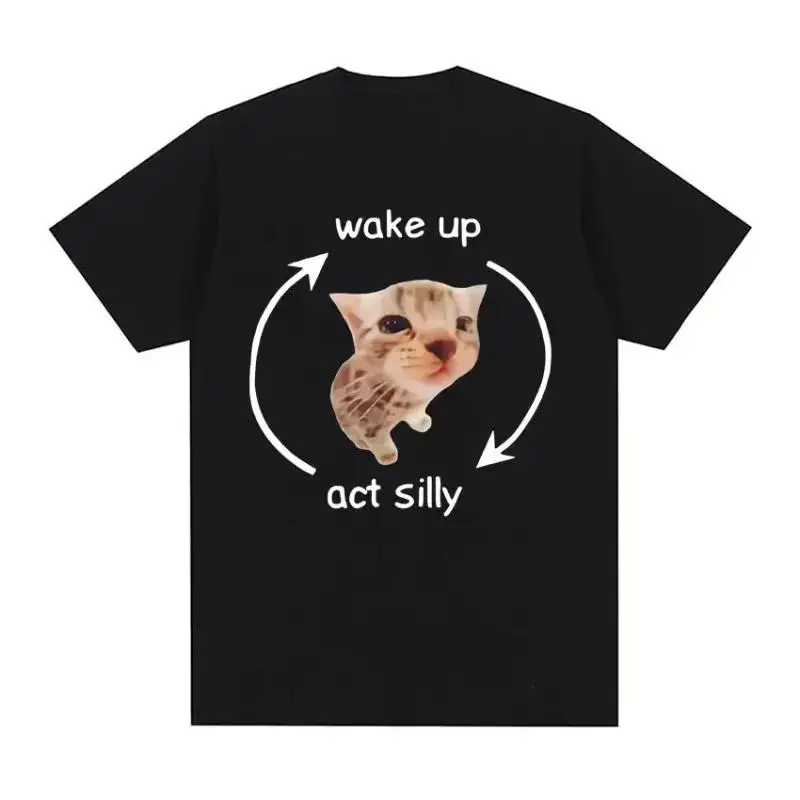 Wake Up Act Silly Meme Graphic T Shirt Funny Cute Cat Print Short Sleeve T-shirt Men Women Casual Oversized T Shirts Menswear Top