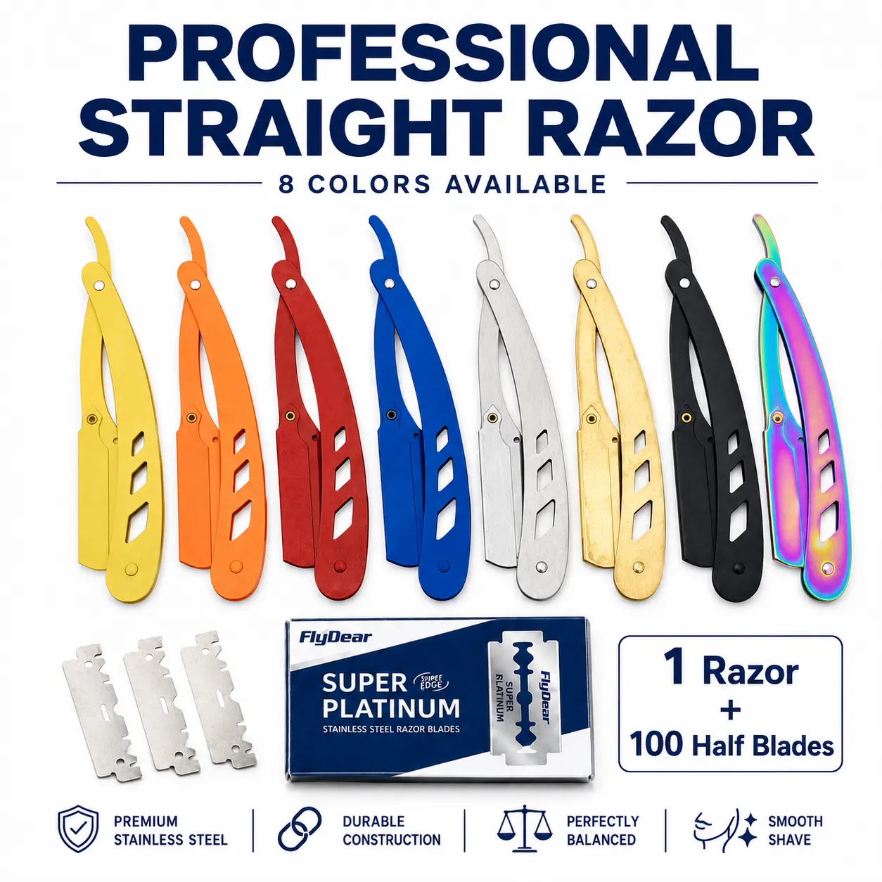 Men's Professional All Metal Stainless Steel Straight Razor Set - Barber Shaver with 100 Replaceable Double Edge Razors, Compact & Travel-Friendly Design, Easy Blade Replacement, Grooming Tool for Beard Trimming & Body Hair Removal, Men's Gift, All Metal