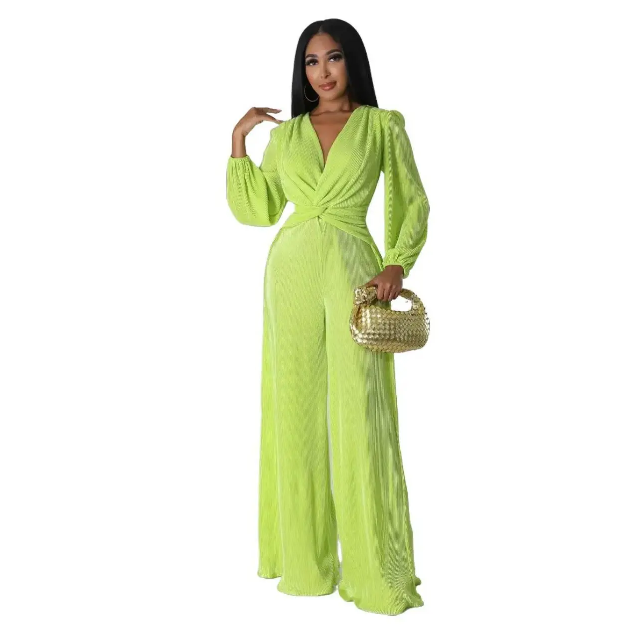 Sofia Jumpsuit - Neon Green Summer Wear for Women with V-Neck Design and Long Sleeves Perfect for Casual Outings Womenswear Overalls