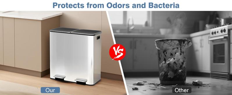 2 x 10.6 Gallon Kitchen Trash Can with Lid, Stainless Steel Garbage Can with Soft-Close Lid & Removable Inner Buckets, Dual Compartment Step-on Waste Bins for Kitchen Bathroom Bedroom Office