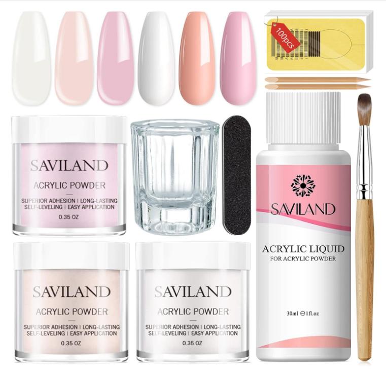 Saviland Acrylic Nail Starter Kit: Clear Pink Nude Acrylic Powder & Liquid, Brush, Files, Forms, Press On Nails, Home Practice Set