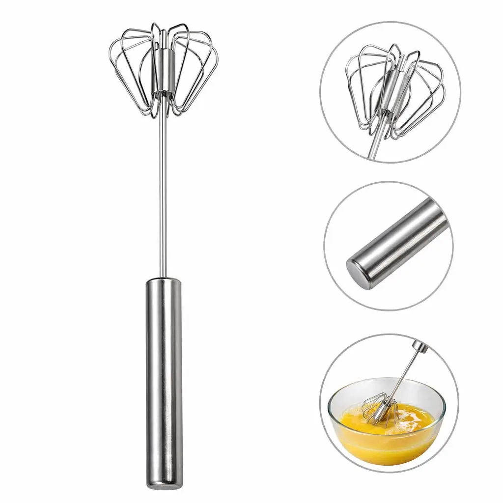 304 Stainless Steel Semi-Automatic Egg Beater, Press Rotate Manual Egg Whisk, Ergonomic Comfort Grip Hand Mixer, Rust Resistant Easy Clean Hand Whisk for Whipping Egg Cream Milk Baking Pancake Cake Kitchen Cooking Tool
