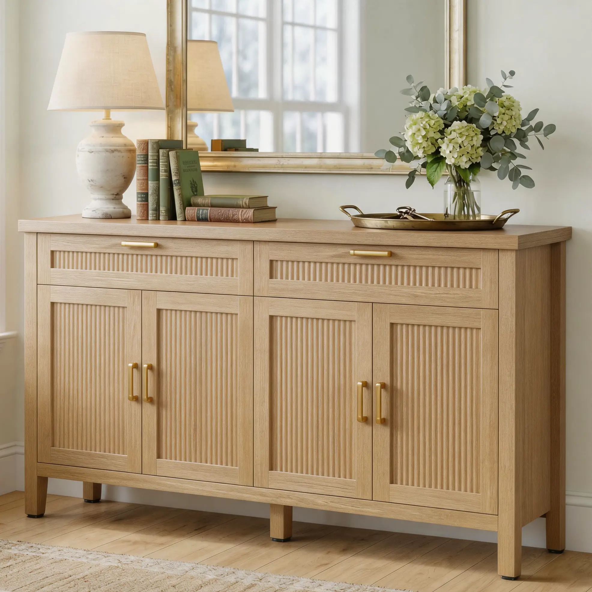 63" Sideboard Buffet Cabinet, Boho Storage Cabinet with Adjustable Shelves, Farmhouse Credenza Coffee Bar Cabinets with 4 Doors & 2 Drawers for Living Room, Hallway & Kitchen,dorm essentials,home decor campingessentials