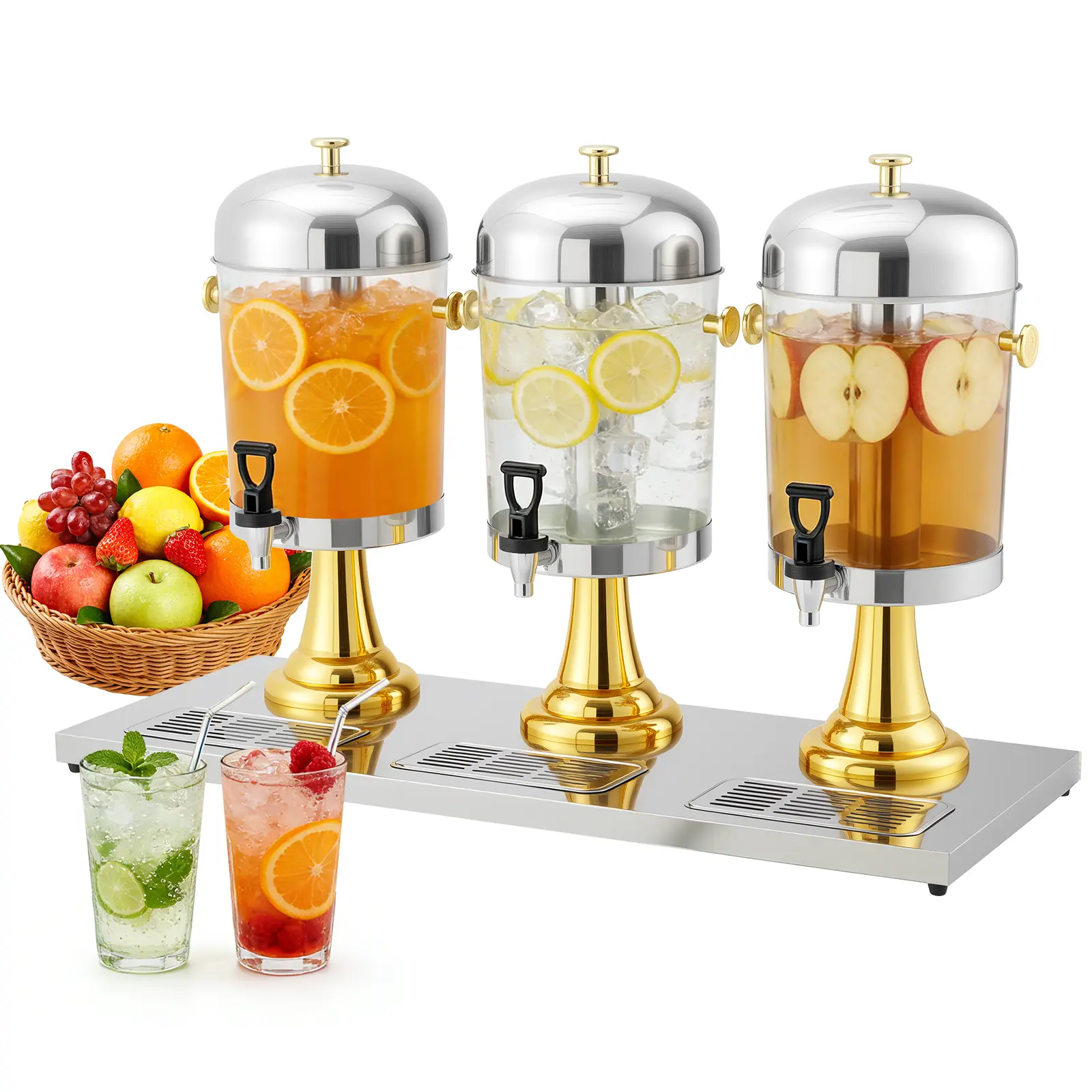 Sturdy Stainless Steel Beverage Dispenser Set with Stand, Detachable Drip Trays, Cooling Cylinders & Transparent Containers, Leakproof for Serving Hot/Cold Drinks with Ice Cubes, Party Drink Station