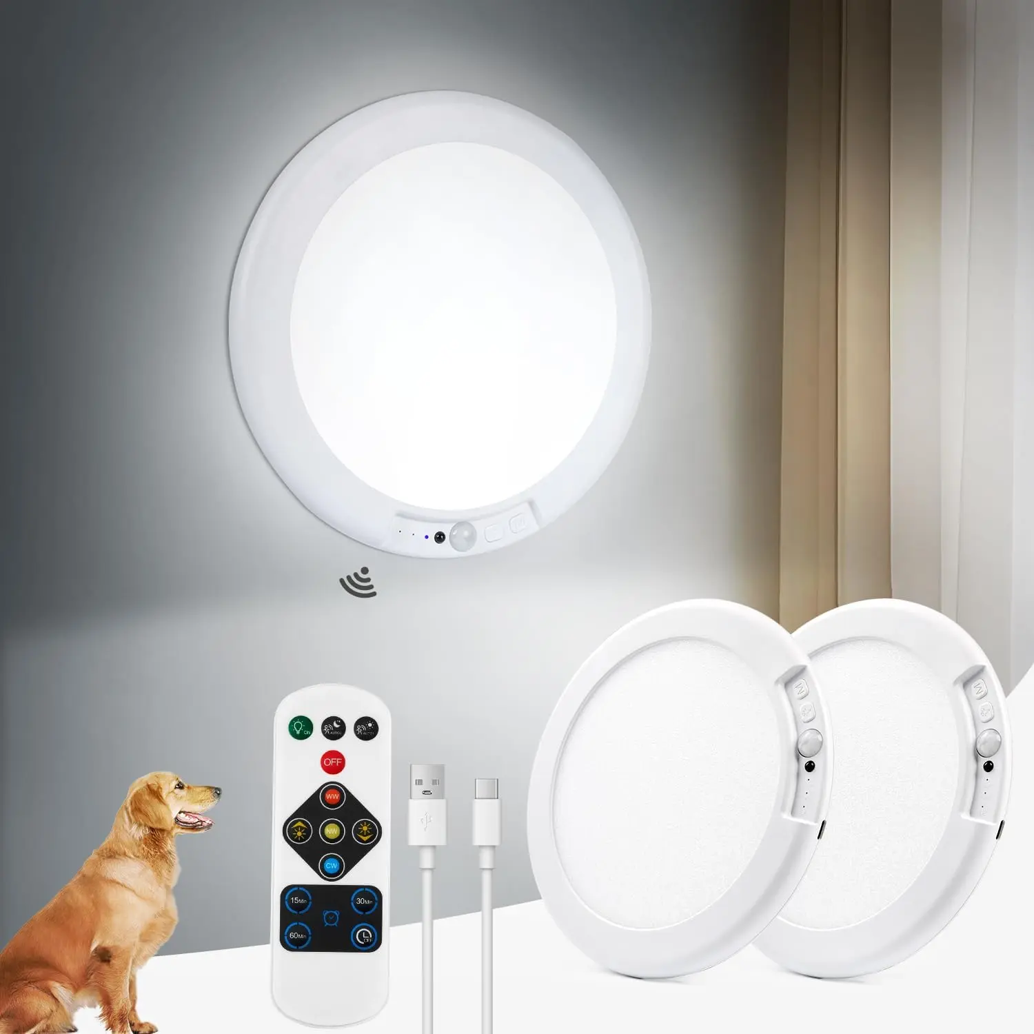 Rechargeable Motion Sensor LED Ceiling Lights - Magnetic Wireless, Plastic-Steel, 4000mAh Battery-Powered Flameless, 400Lumens, Auto On/Off, Remote-Controlled, 3 Color Temperatures, 10-Level Dimming Indoor Lighting for Closet, Stairs, Battery-Powered Flam