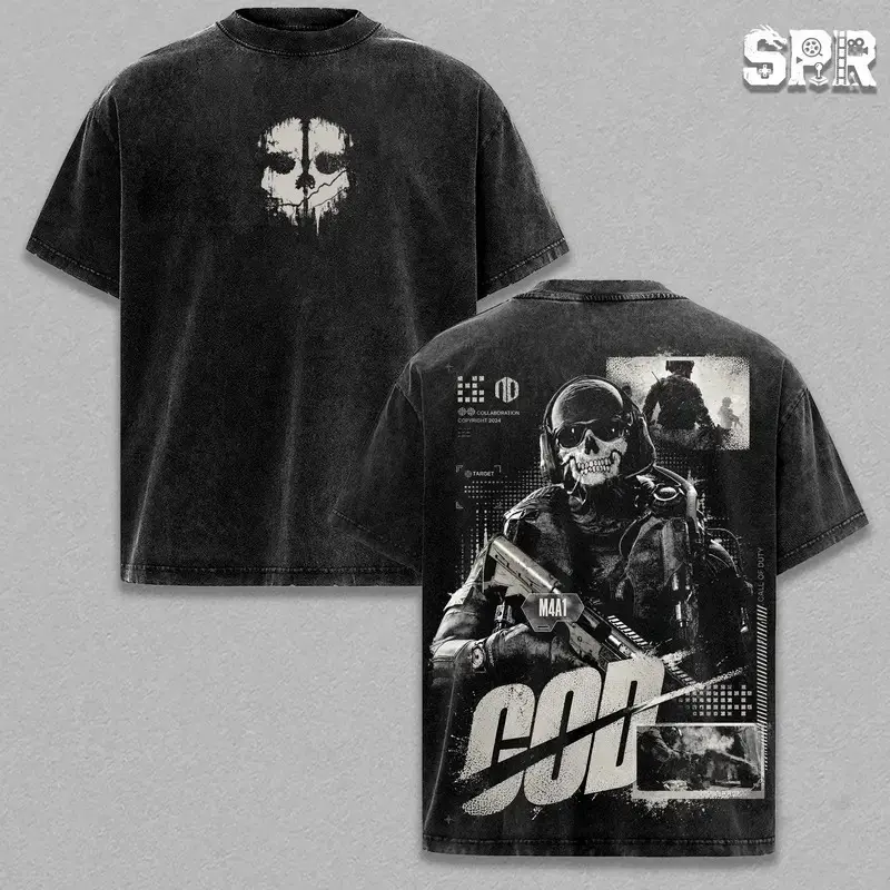 Ghost - Vintage Call Of Duty Modern Warfare 2 Washed Graphic Tee, Oversized Tactical Military Gamer Streetwear Shirt, COD Ghost FPS Gaming T-Shirt, Special Forces Combat Gift Tee For Men, Retro Warzone Aesthetic Apparel