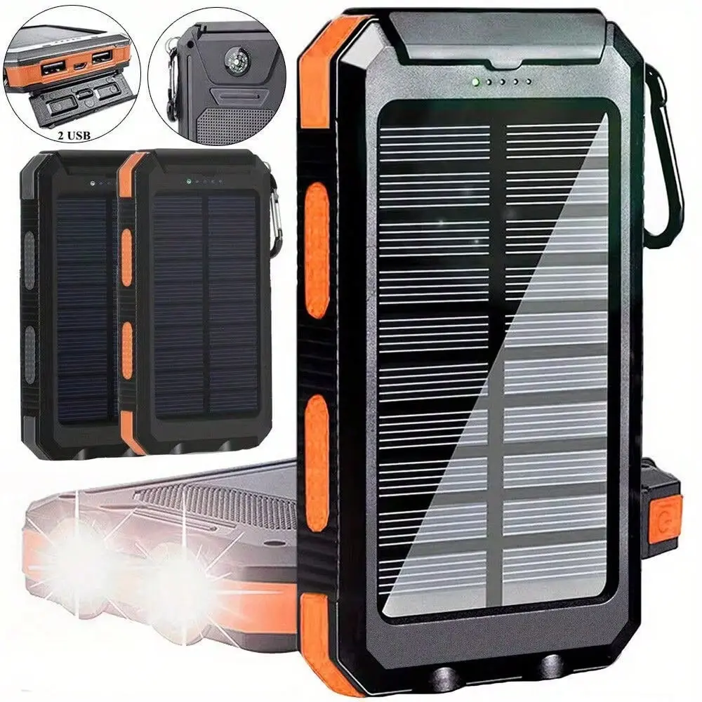 Solar Portable Power Bank 10000mAh, Dual USB Output & USB C Interface, Built-In Bright Flashlight Compass, Outdoor Camping Charger For Android