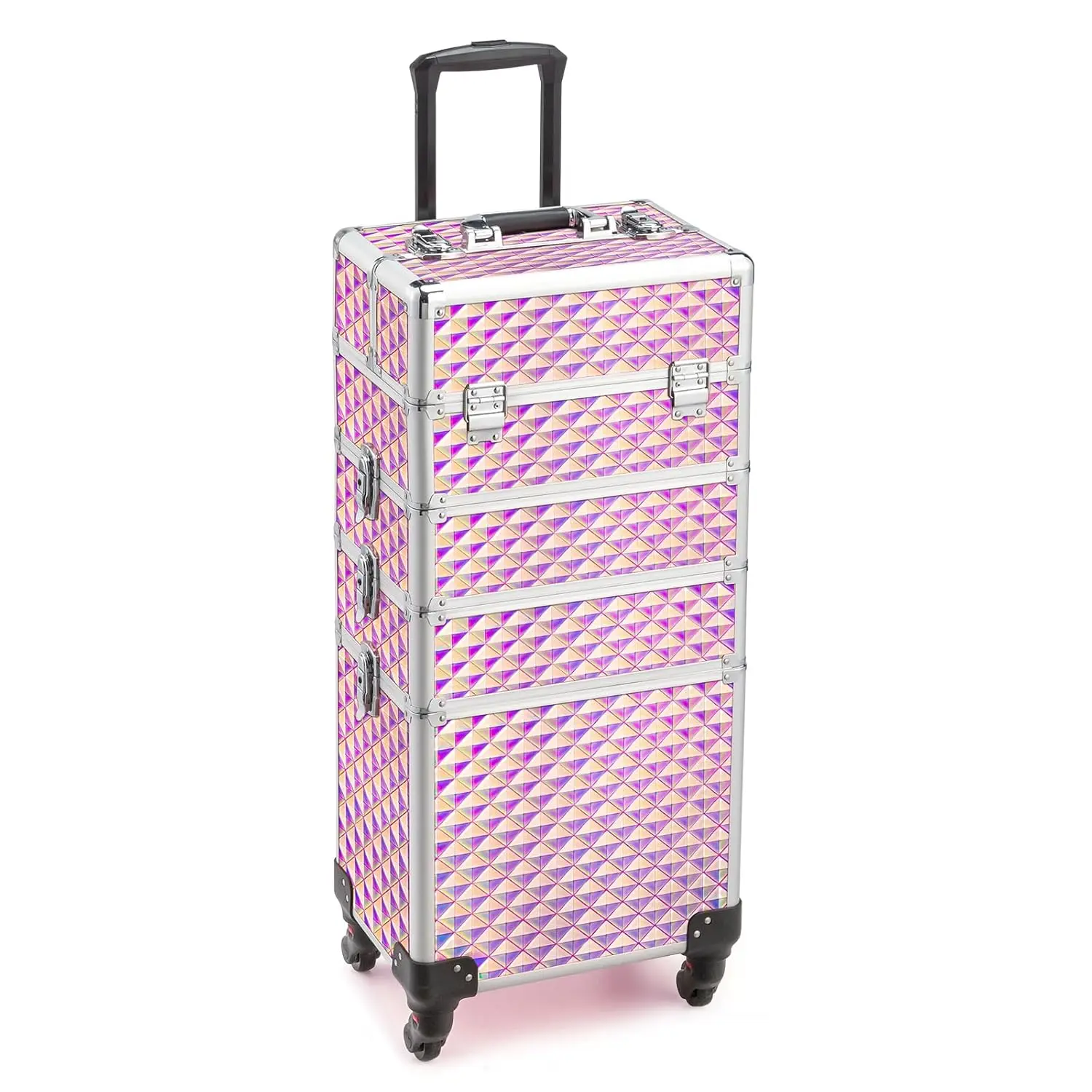 OmySalon 4-in-1 Aluminum Rolling Makeup Train Case, Lockable Travel Cosmetic Trolley for Professionals with 4 Removable Wheels, Travel Cosmetic Bag, Makeup Storage Bag,back to school shopping, Locks,Top Case Stored at the Bottom
