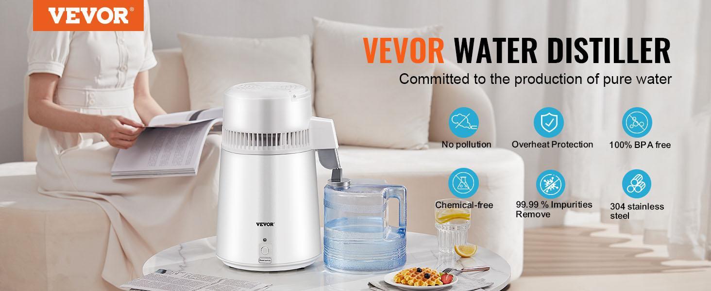 VEVOR 1.1 Gal Water Distiller, 0.3Gal/H, 750W Distilled Water Machine, 4L Distilling Pure Water Machine w/Plastic Container, Water Distillation Kit w/Button, Countertop Distilled Water Maker for Home VEVOR 1.1 Gal Water Distiller, 0.3Gal/H, 750W Distilled Water Machine, 4L Distilling Pure Water Machine w/Plastic Container, Water Distillation Kit w/Button, Countertop Distilled Water Maker for Home