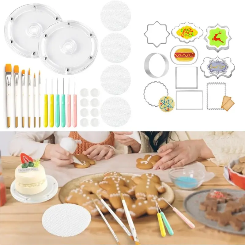 36pcs Complete DIY Cookie Decorating Tool Set,, Clear Rotating Turntable, Assorted Shapes Metal Cookie Cutters, Colorful Decorating Brushes & Scribe Tools, Reusable Baking Kit for Beginners Home Bakery Use