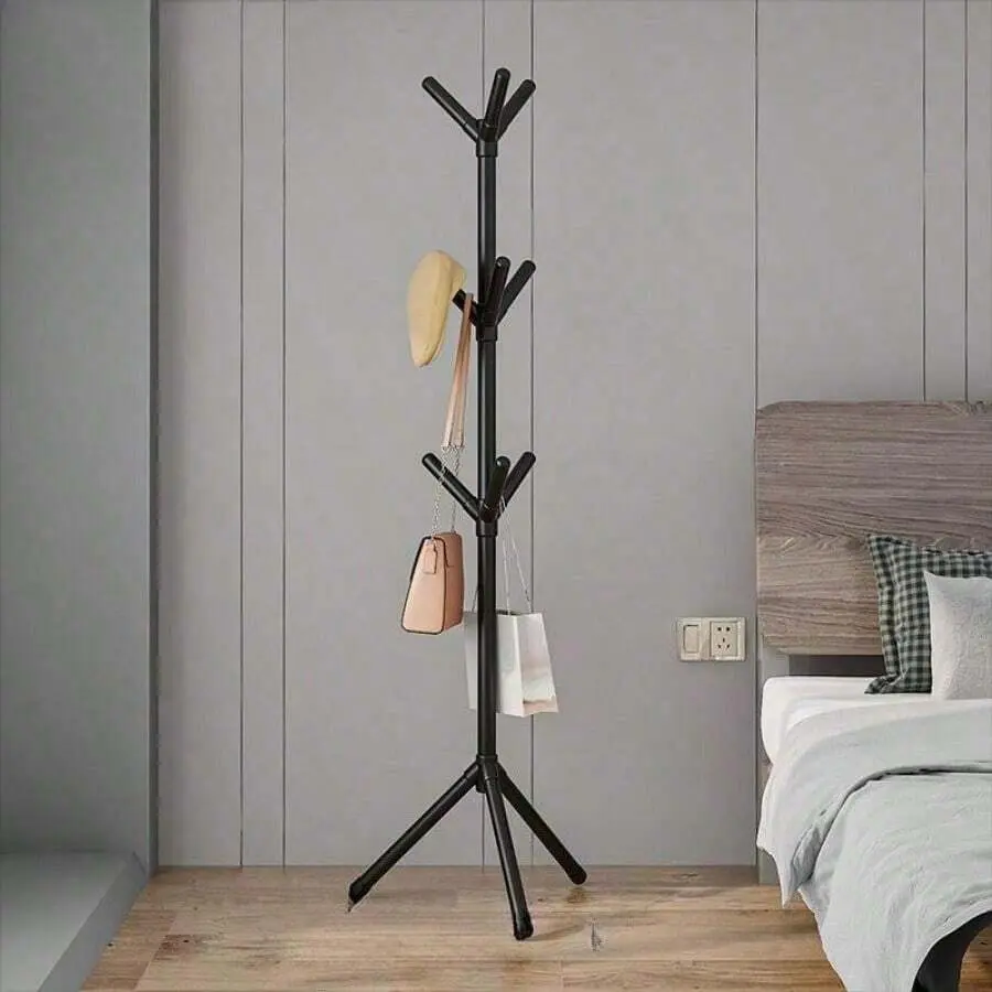 Freestanding Minimalist Single-Pole Metal Clothes Hanging Rack - 3-Pronged Hat Holder, Lightweight Modern Space-Saving Storage Shelf Unit, Versatile Fit for Bedroom, Dorms, Three Prongs