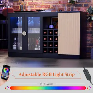Sideboard and Buffet Cabinet for Kitchen Dining Room 55" Wine Bar Cabinet for Home, Liquor Coffee Bar Cabinet with LED Lights & 12 Detachable Bottle Rack