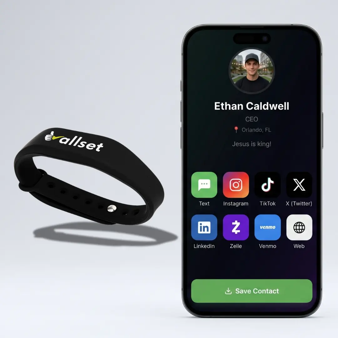 Allset Band (No Subscription Needed) - Smart Digital Business Band - Tap to Share NFC - iPhone & Android Compatible - No App Required