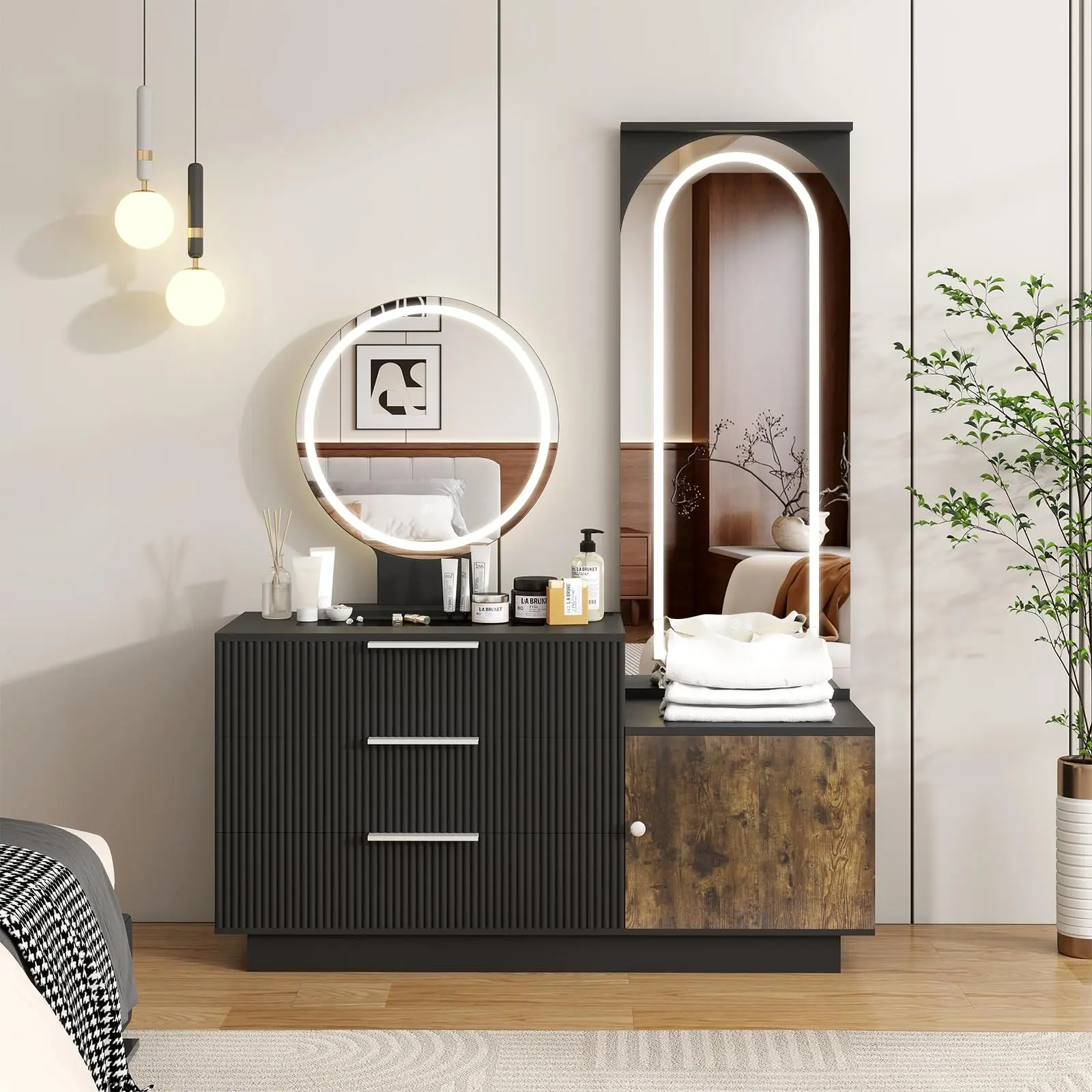 Makeup Vanity Desk with Full Length Mirror, Charging Station & Lights, Makeup Vanity with Glass Top Vanity, 3 Drawers and Storage Cabinet for Bedroom