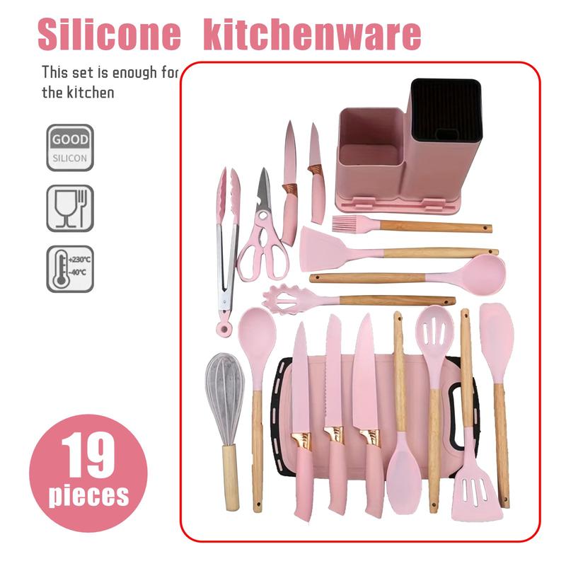 Black friday sales 2025 pots pans set 19 Piece Kitchen SetCutleryCooking Utensils, HeatResistant Silicone Cutlery 6Piece Sharp Knife Set2 Piece Cutlery Cutting BoardWoodCookware Rectangular Round Stove WoodenPlasticWhite Kitchenware