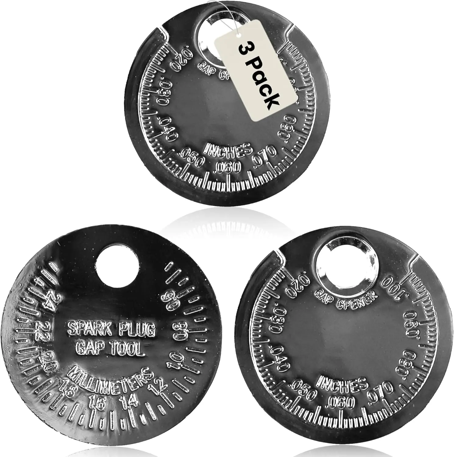 3-Pack Metal Coin-Style Car Spark Plug Gap Gauge Tool - SAE & Millimeter Scale Measurements, Keychain Hole, Thickness & Feeler Gauges, Metal Gauge