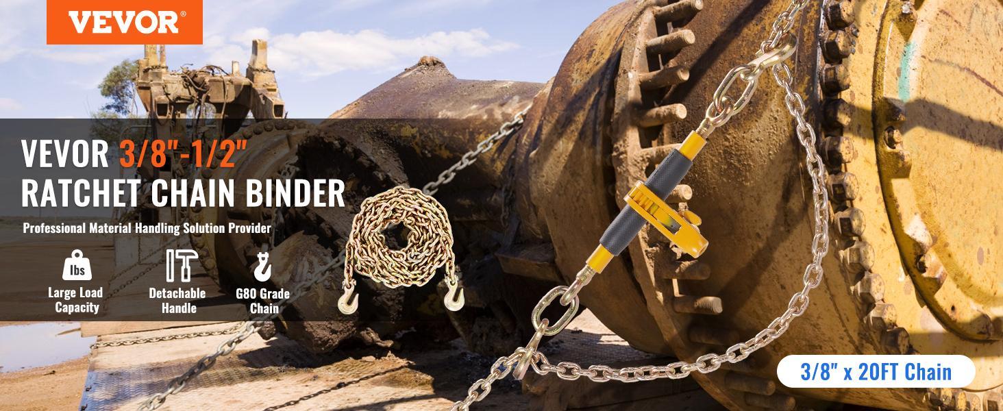 VEVOR Ratchet Chain Binder 2PCS, TikTokShopBlackFriday, 3/8"-1/2" Heavy Duty Load Binders, with G80 Chains 12000 lbs Secure Load Limit, Labor-saving Anti-skid Handle, Tie Down Hauling Chain Binders for Flatbed Truck Trailer VEVOR Ratchet Chain Binder 2PCS, TikTokShopBlackFriday, 3/8"-1/2" Heavy Duty Load Binders, with G80 Chains 12000 lbs Secure Load Limit, Labor-saving Anti-skid Handle, Tie Down Hauling Chain Binders for Flatbed Truck Trailer