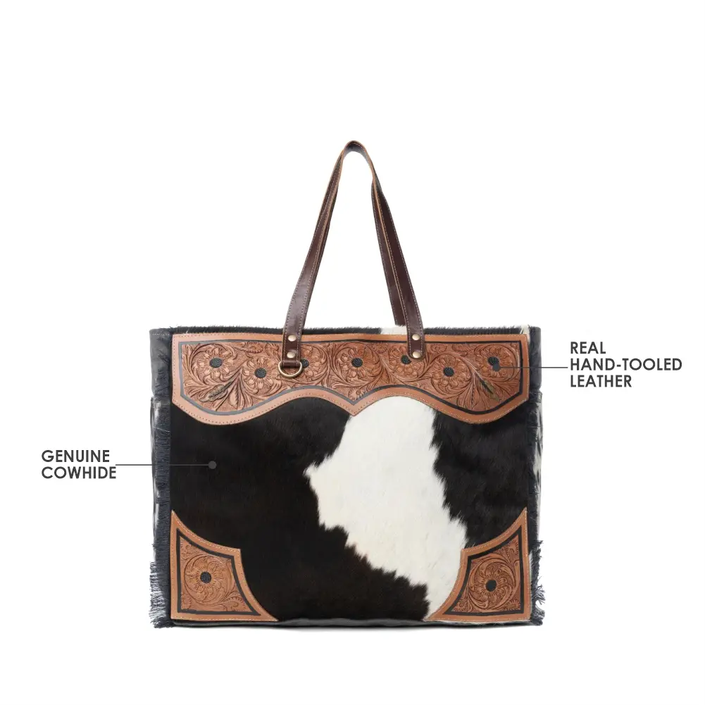 Myra Cartwright Hand-Tooled Genuine Leather Weekender Bag for Women in Tan and White, Western Tote for Work and Travel