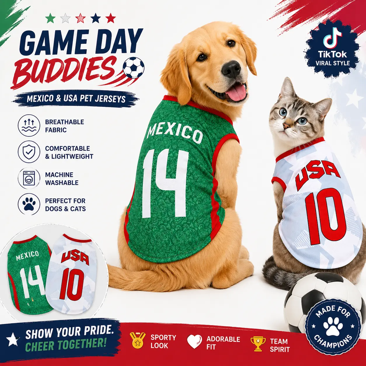 Pet Soccer Jersey Vest for Dogs & Cats, Lightweight Breathable Summer Pet Shirt, Team-Inspired Sleeveless Dog Clothes for Small Medium Pets