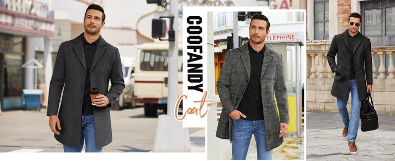 COOFANDY Fall Outfits Mens Wool Blend Coat Winter Trench Coats Notched Lapel Collar Single Breasted Overcoat Classic Peacoat With Pockets Menswear Casual