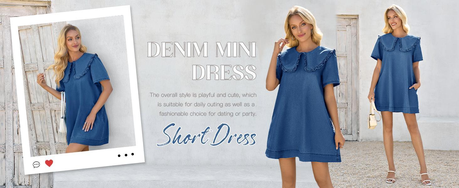 Imily Bela Womens Summer Denim Mini Dress Oversized Peter Pan Collar Short Sleeve Casual Flowy Babydoll Jean Dresses