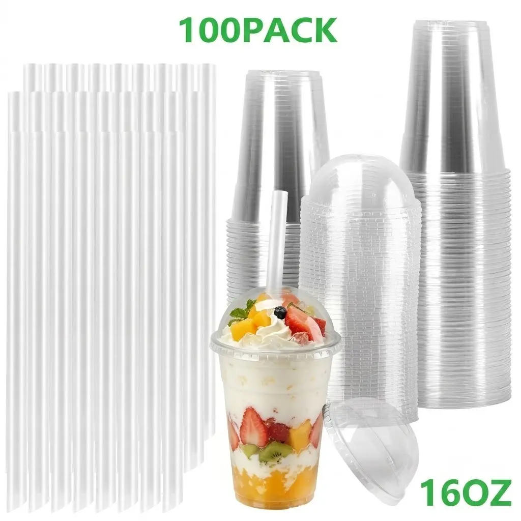 100-Pack Disposable Clear PET Dome Lid Tumblers, Multi-Size (16/20/24oz) BPA-Free Recyclable Leak-Resistant Cups with Straws for Boba Tea, Iced Coffee, Catering tiktokshopbacktoschool